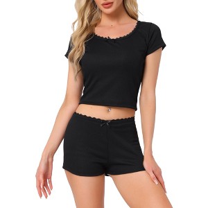INSPIRE CHIC Women's Cotton Lace Trim Short Sleeve Top and Shorts Pajama Sets - 1 of 4