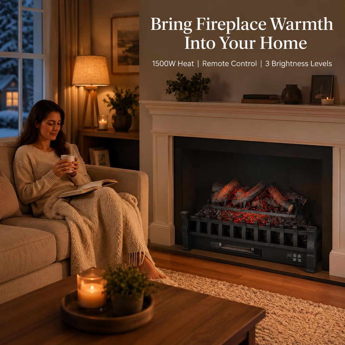Garvee 23" Electric Fireplace Log Set Heater, Charcoal, 3 Brightness, Remote, 120V/1500W - thumbnail 8