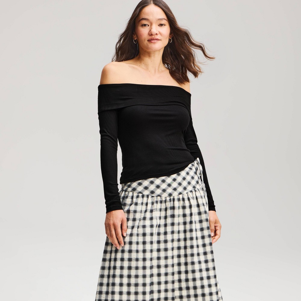 Women's Foldover Off the Shoulder Long Sleeve Top - Wild Fable™ Black XXS
