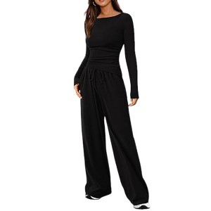 Women's Casual 2-Piece Set - Asymmetrical Hem Long Sleeve Top And Wide Leg Pants Lounge Outfit - 1 of 4