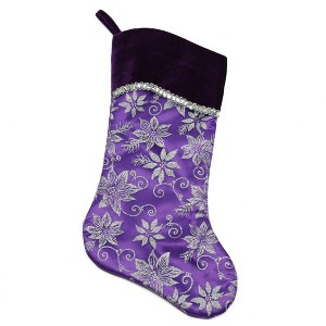 Northlight 20" Purple and Silver Glittered Floral Christmas Stocking with Shadow Velveteen Cuff - 1 of 4