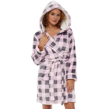 Women's Classic Plush Hooded Robe, Short Fleece Bathrobe with Hood