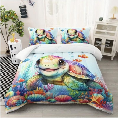 Boersma Turtle Comforter Set, Ocean Beach Turtle Bedding Set, Ocean Animals Comforter Fish Coral Bed Set
