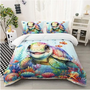 Boersma Turtle Comforter Set, Ocean Beach Turtle Bedding Set, Ocean Animals Comforter Fish Coral Bed Set - 1 of 2