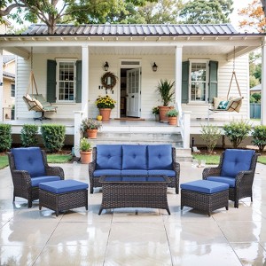 POCASSY 6PCS Patio Furniture Set with Coffee Table, All Weather Wicker Outdoor Conversation Set Patio Sofa Couch Set with Patio Chairs and Ottomans - 1 of 4
