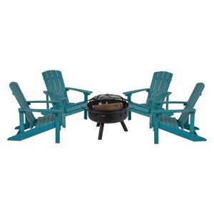 Merrick Lane Ayala 5 Piece Outdoor Leisure Set with Set of 4 Poly Resin Adirondack Chairs and Star and Moon Iron Fire Pit - 1 of 4