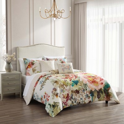 Ivory Floral Cotton Sateen Reversible Queen Comforter Set