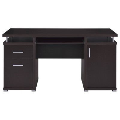 Cappuccino Brown Wood Office Desk with Drawers and Keyboard Tray