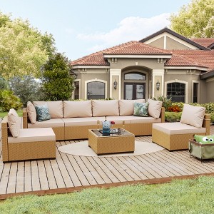 UPHA 7-Piece Rattan Patio Sofa Conversation Set with Cushions - 1 of 4