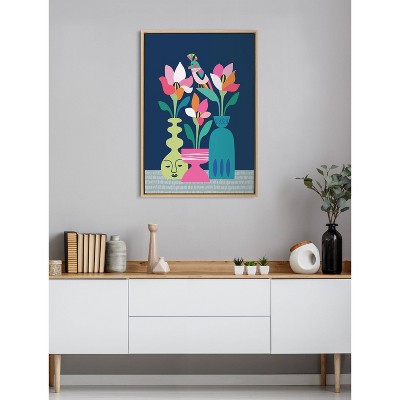 Mid-Century Modern Tropical Floral Canvas Art with Natural Frame