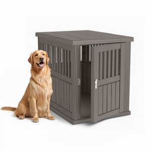Bencmate Pet Crates and Houses Slanted Roof Dog Crate Lockable Gate Optimal Airflow Easy Setup for Living Room Patio, Brown, 29.65"*21.34"*25.28" - 1 of 4