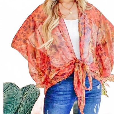 Women's Boho Front Tie Knot Dolman Sleeve Oversized Print Duster Top - And The Why L
