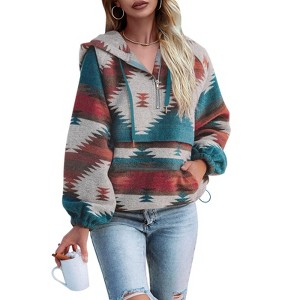 Imily Bela Womens Casual Aztec  Half Zip Up Hoodie Oversized Long Sleeve Ethnic Hooded Pullover - 1 of 3