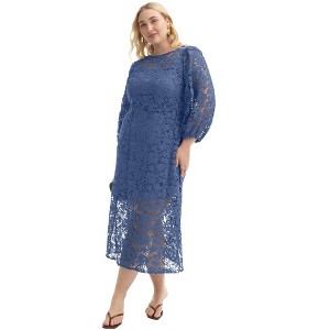 June + Vie by Roaman's Women's Plus Size Puff Sleeve Lace Midi Dress - 1 of 4