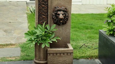Sandstone Resin Lion Head Outdoor Water Fountain with Lights