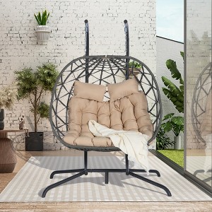 Vynxaria Double Egg Chair with Stand, Wicker Rattan Hanging Swing Chair, Indoor Outdoor Use,UV Resistant Cushions,600 lbs Capacity for Patio,Balcony - 1 of 4