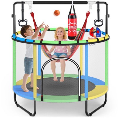 60'' Trampoline for Kids with Basketball Hoop & Safety Net, Swing, Rings, Gymnastic Bar, Indoor/Outdoor Toddler Trampoline, Birthday Gifts