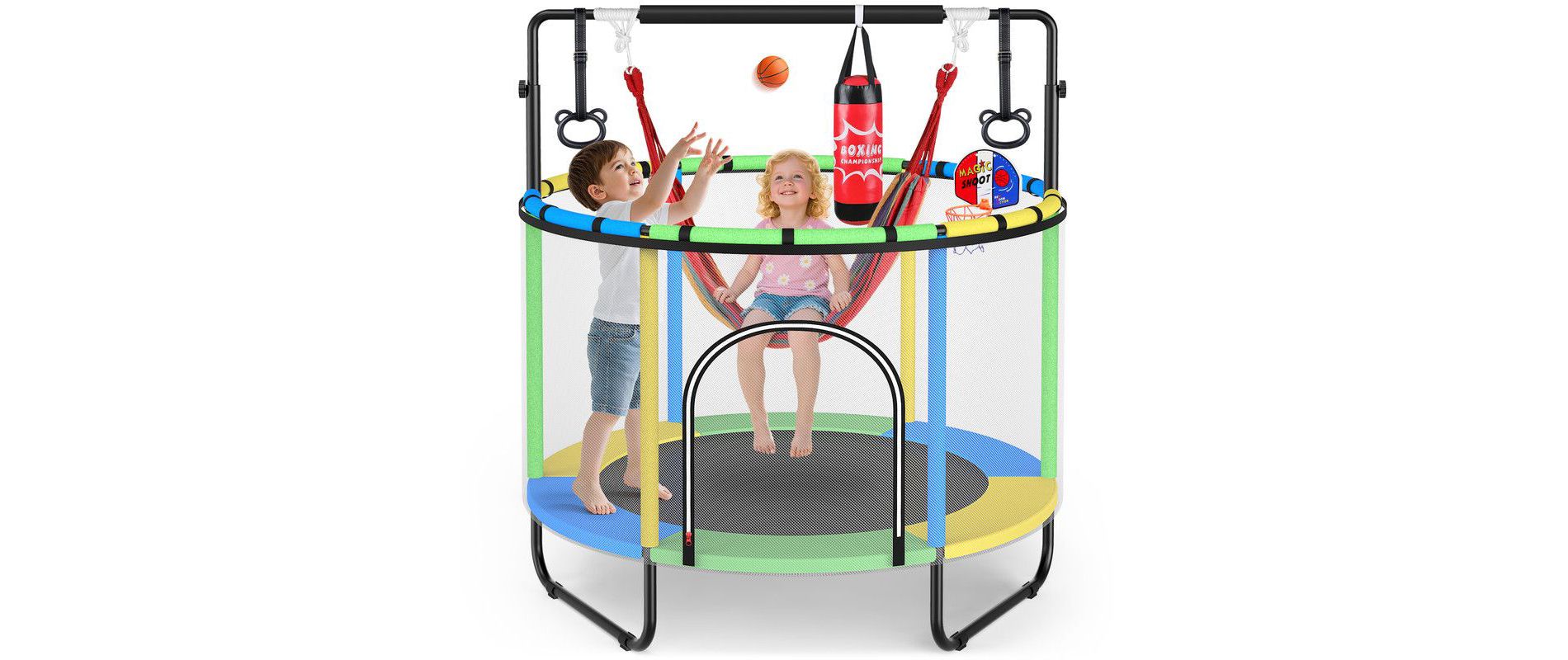 60'' Trampoline for Kids with Basketball Hoop & Safety Net, Swing, Rings, Gymnastic Bar, Indoor/Outdoor Toddler Trampoline, Yellow & Blue & Green