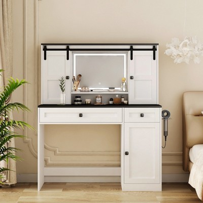 CAVINAS Vanity Desk with Mirror Makeup Vanity with Dryer Holder, Storage Shelves for Apartment, Bedroom