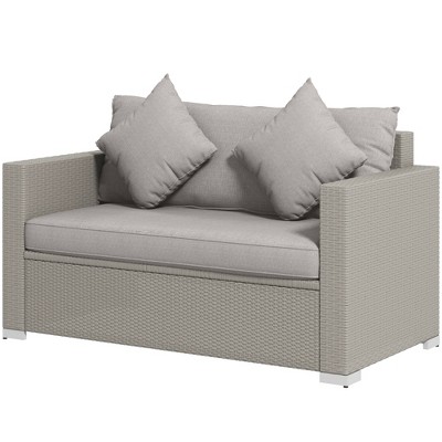 Gray Wicker Outdoor Loveseat with Cushions and Throw Pillows