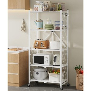 SUGIFT Storage Shelves, 5-Tier Foldable Metal Garage Shelf with Wheels, Kitchen Shelf with 3 Hooks, White - 1 of 4