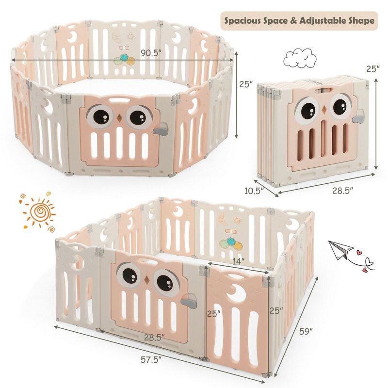 Costway 14-Panel Baby Playpen Kids Activity Center Foldable Play Yard w/ Lock Door Beige/Blue/Pink, 3 of 11