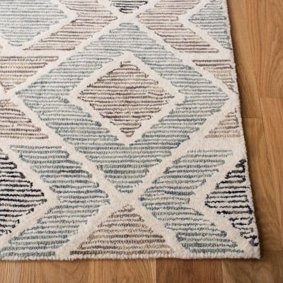 Blue and Beige Geometric Wool Tufted Square Rug, 6' x 6'