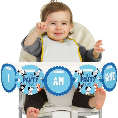 Big Dot of Happiness Pawty Like a Puppy 1st Birthday Highchair Decor - I Am One - First Birthday High Chair Banner