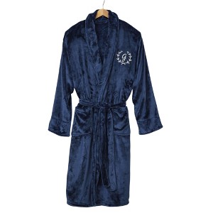 Personalization Mall Floral Wreath Embroidered Luxury Fleece Robes Navy - 1 of 1