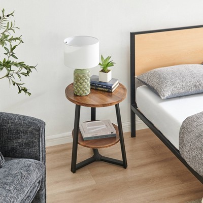 Walnut and Black Round Two-Tier Accent Table with Metal Legs