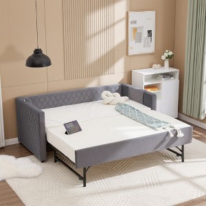 Velvet Daybed with Pop-up Trundle for Bedroom/Guest Room, Twin Size Sofa Beds Frame with USB Ports and Storage Pocket, No Box Spring Needed - 1 of 4