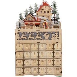 Juvale Wooden Advent Calendar - LED Light Up Festive Christmas Village, Reindeers, Holiday Treasure Box - 1 of 4