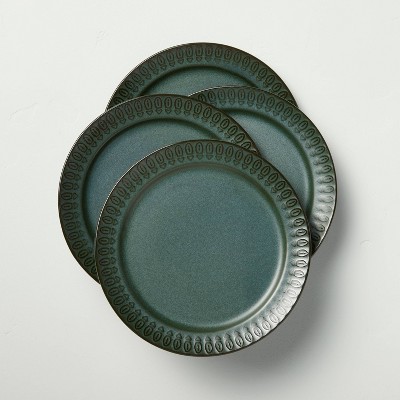 4pk Embossed Rim Stoneware Appetizer Plate Set Dark Green - Hearth & Hand™ with Magnolia