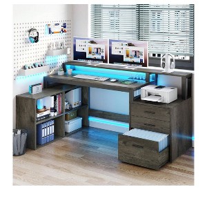 65inch L Shaped Desk Computer Desk with LED Lights &File Cabinet, Corner Desk with 3 Drawers & 4 Open Storage Shelves - 1 of 4