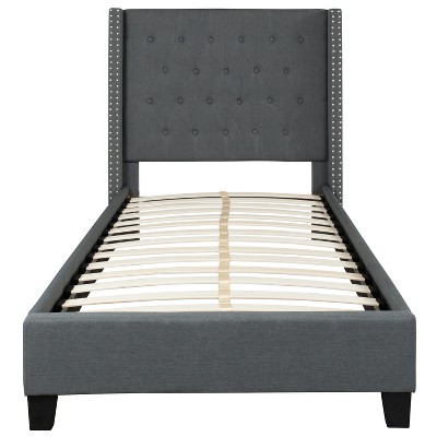 Dark Gray Twin Upholstered Platform Bed with Nailhead Trim