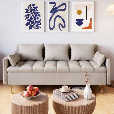 67”W Comfortable Faux Leather Sofa, Modern Couch with Hand Stitched, Solid Wood Frame and Gold Metal Leg