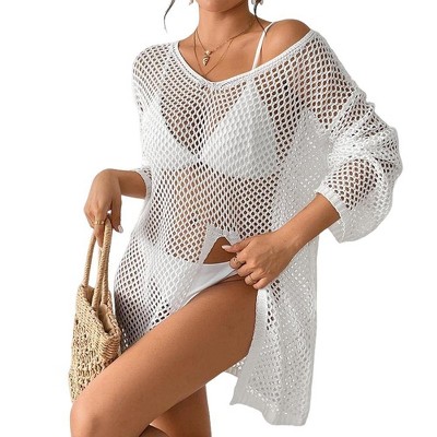 Womens Beach Cover Ups with Slit V Neck Loose Fit Mesh Cover Up Tops Lightweigt Crochet Mesh Tops