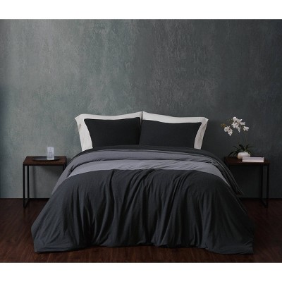 Full/Queen 3pc Color Block 100% Cotton Jersey Duvet Cover Set Charcoal - Sean John