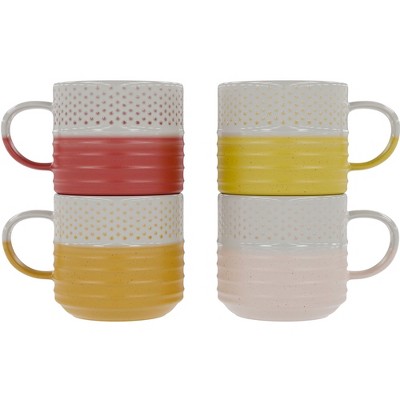 Set of 4 White and Multicolor Ceramic Coffee Mugs
