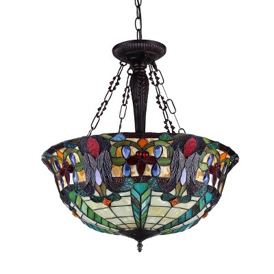 Antique Bronze Victorian Inverted Ceiling Pendant with Stained Glass Shade
