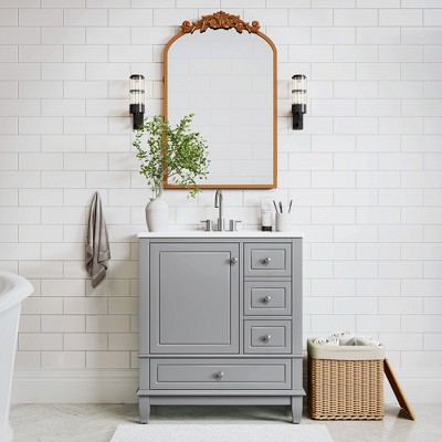 PexFix Grey Bathroom Vanity Set with Arched Mirror 30 Inch Single Sink Vanity Cabinet with Soft-Close Doors & Drawers for Bathroom Storage and Décor