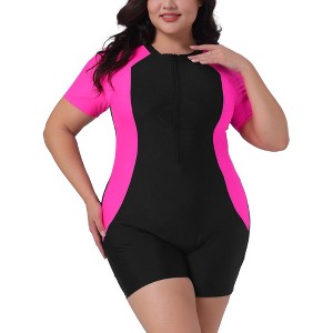 Agnes Orinda Women's Plus Size Tummy Control Colorblock Zip Front Rashguard One-Piece Swimsuit - 1 of 4