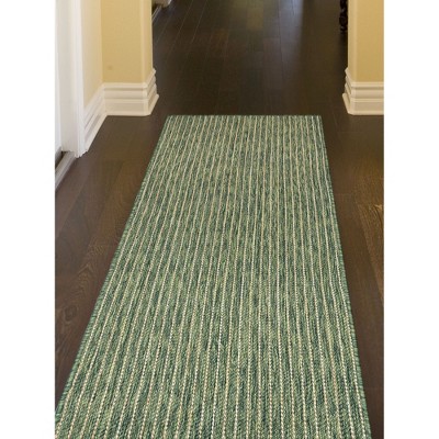 Green Flatwoven Synthetic Stripe Indoor/Outdoor Runner Rug