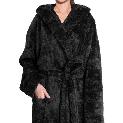 Large-X-Large Black Hooded Fleece Bathrobe with Pockets