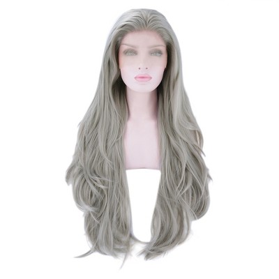 Unique Bargains Women's Long Natural Curly Lace Front Wigs with Wig Cap 24" Gray Synthetic Fibre 1PC