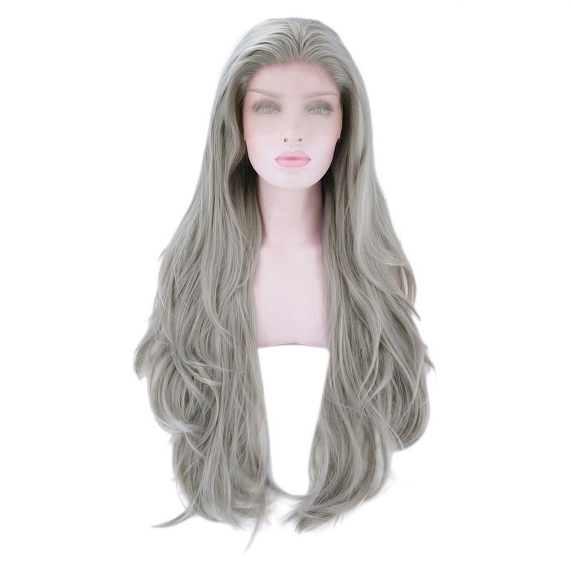 Unique Bargains Long Natural Curly Lace Front Wigs Women's with Wig Cap 24" Gray Synthetic Fibre 1PC, 1 of 6