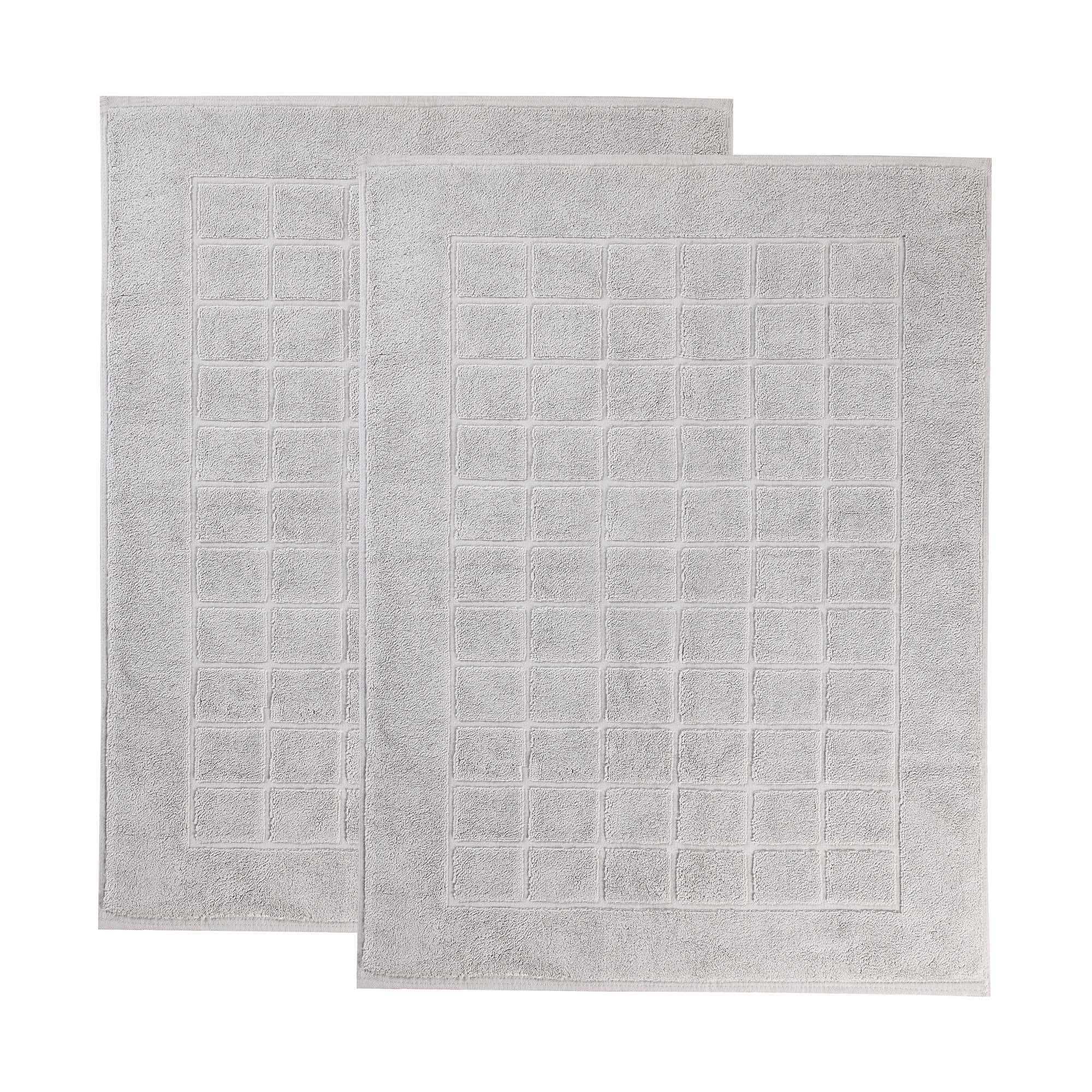 Cotton Solid Absorbent Thick Checkered Grid Washable Bath Mats, Set of 2, Silver - Blue Nile Mills