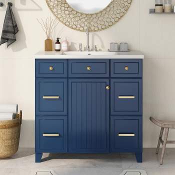 36" Bathroom Cabinet with Sink, Soft Close Doors and Drawers, Navy Blue - ModernLuxe