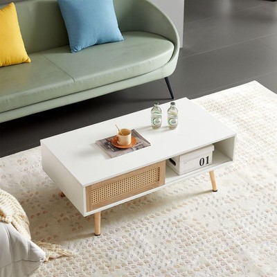 41" Rattan Coffee Table, Modern Boho Coffee Table with Double Sliding Doors for Storage, Solid Wood Legs and Adjustable Shelf, Living Room  Table
