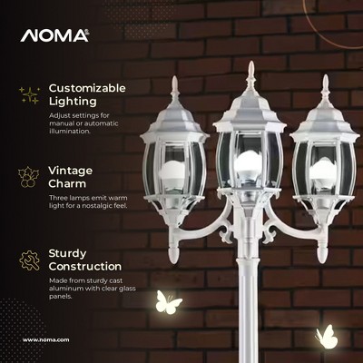 Noma 7' White Aluminum Triple-Head Outdoor Lamp Post